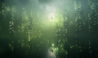 Poster - Misty green cityscape reflecting on water, creating an atmospheric and surreal environment.