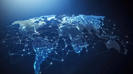 Poster - A digital representation of a world map illuminated by blue lights, showcasing global connectivity and technology