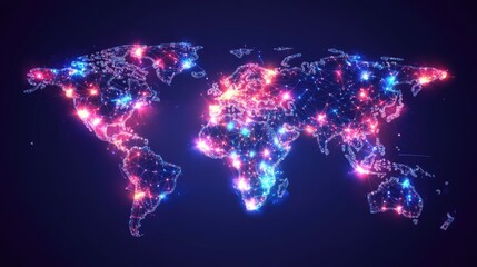 Poster - Colorful digital world map illuminated with vibrant lights, showcasing global connectivity against a dark background