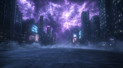 Poster - Surreal urban landscape with towering buildings beneath a dramatic purple sky.