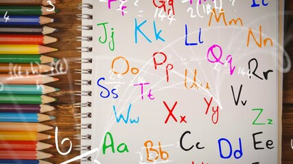 Poster - In school, colorful alphabet letters overlaying notebook with mathematical equations animation