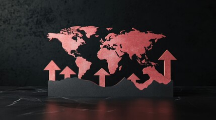 Poster - Abstract representation of a world map with upward arrows symbolizing growth and progress on a dark background