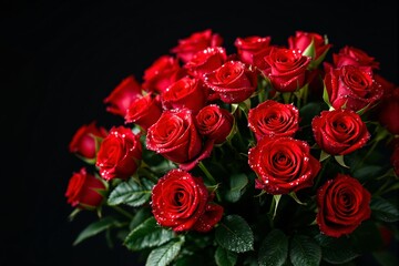 Poster - Beautiful bouquet of red roses with water droplets.