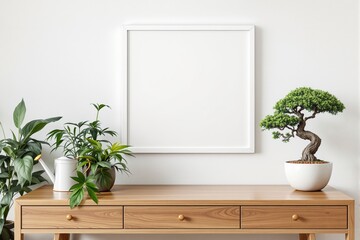 Poster - Minimalist interior with blank white frame on wall above wooden table.