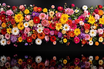 Poster - Colorful floral arrangement with various blooming flowers on a dark background.