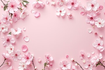 Poster - Cherry blossom flowers frame on pink background.