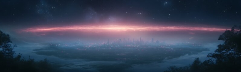 Poster - Surreal landscape with a glowing horizon and starry sky, evoking a sense of wonder and tranquility.