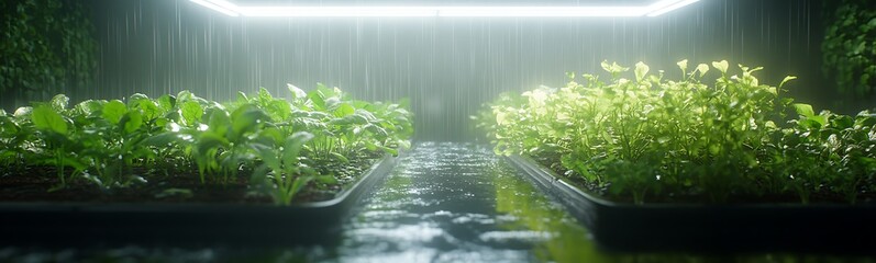 Aufkleber - Lush green plants grow in an indoor setting illuminated by bright lights.