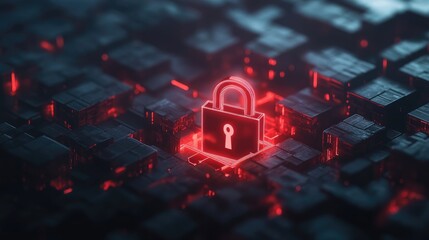 Poster - Abstract digital illustration of a glowing red padlock on a dark, textured background, symbolizing cybersecurity