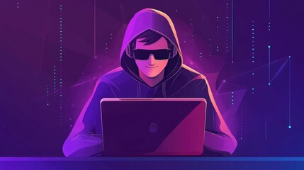 Poster - A hooded figure working intently on a laptop, surrounded by digital elements in a vibrant, tech-inspired environment