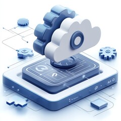 Fototapete - Cloud Technology Gears: A Modern Isometric Illustration of Digital Connectivity and Engineering