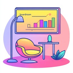 Poster - Colorful Boardroom Illustration with Financial Chart, Seating Area, and Table Decoration for Creative Business Vision