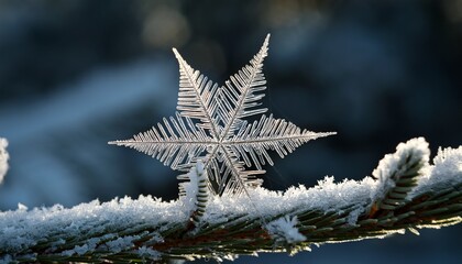 Wall Mural - hoarfrost star on a fir branch closeup photography