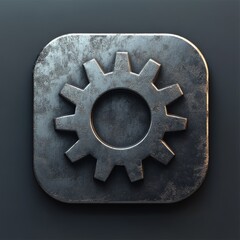 Fototapete - Distressed Metal Gear Icon: Close-Up of a Weathered Cogwheel Symbol Set on a Rounded Square Plate with a Dark Gray Backdrop