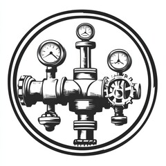 Fototapete - Intricate Steampunk Machine Design with Gauges and Gears Inside a Double Circle Border, Black and White Illustration.