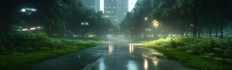 Aufkleber - A serene, rain-soaked urban landscape with lush greenery and towering buildings in the background.