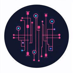 Poster - Neon Circuit Board: Futuristic Technology on a Dark Background with Pink Lines and Glowing Blue Nodes