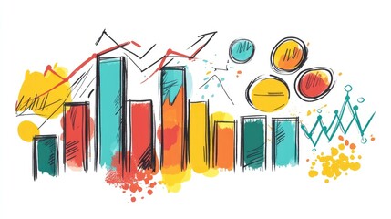 Poster - Colorful hand-drawn financial graph with rising trends and abstract shapes illustrating market analysis