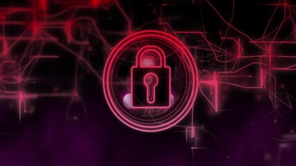 Poster - Glowing red padlock with animation on abstract digital network background