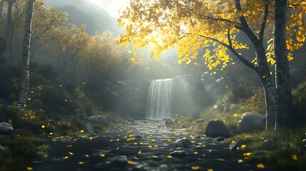Poster - Serene waterfall surrounded by lush greenery and illuminated by soft sunlight.