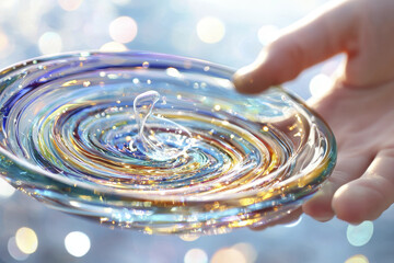 Poster - hand holds colorful glass plate with swirling patterns, capturing moment of water splashing. vibrant colors and reflections create mesmerizing