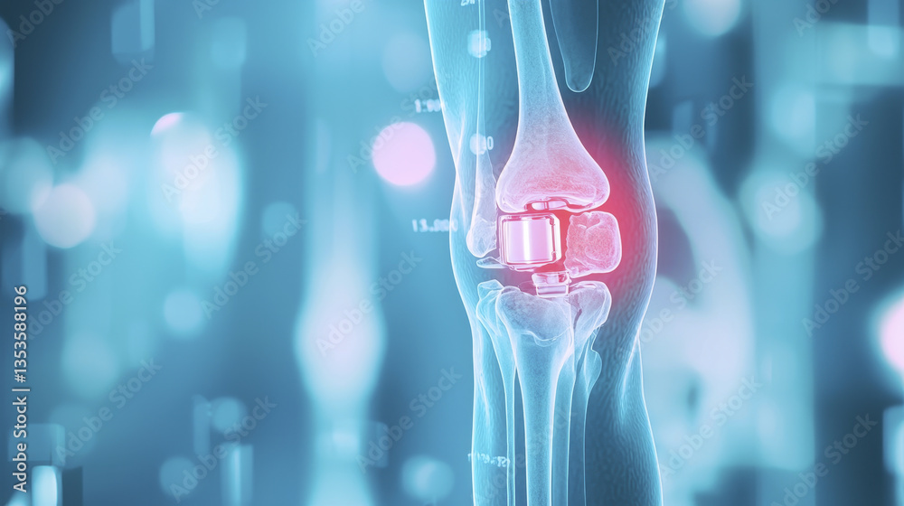 detailed X ray image of human knee joint, showcasing knee implant with ...