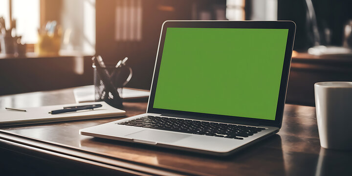 Laptop on a wooden desk.