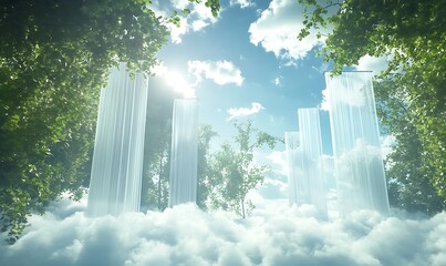 Aufkleber - A surreal landscape blending city skyscrapers with lush greenery and clouds under a bright sky.