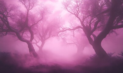 Poster - Misty forest with ethereal pink trees creating a dreamlike atmosphere.