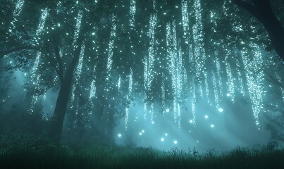 Leinwandbilder - Mysterious forest scene with cascading vines and ethereal blue light.