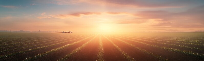 Poster - Vast landscape of fields under a colorful sunset, showcasing rows of crops and tranquil skies.