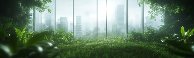 Poster - Lush greenery in a modern urban setting with skyscrapers in the background and bright light filtering through.