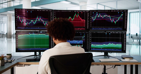 Poster - African American stock market broker analyzing graphs on multiple screens