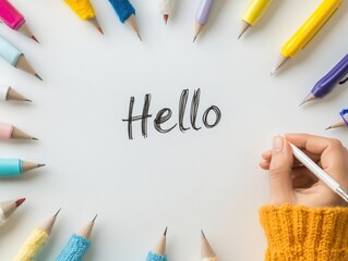Aufkleber - Vibrant Creative Communication Minimalist Hello Design with Colorful Pencils - Dynamic Workspace Inspiration for Global Collaboration and Digital Storytelling
