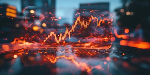 Poster - Digital Finance Revolution Cinematic Holographic Stock Market Performance Visualization with Fiery Urban Dynamics - AI-Powered Investment Insights for Next-Gen Financial Strategy