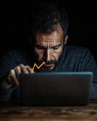 Fototapete - Intense Digital Focus Millennial Professional Analyzing Performance Metrics with AI-Enhanced Visualization in Dark Mode Workplace Ecosystem