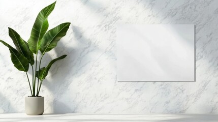 Poster - Minimalist Digital Display Mockup Biophilic Corporate Design with Marble Texture and Tropical Plant - Modern Workspace Visual Storytelling