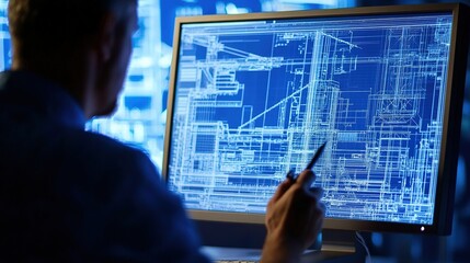 Fototapete - Engineer Analyzing Structural Blueprints on Computer Screen