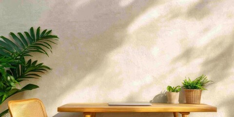 Leinwandbilder - Serene Minimalist Home Office Natural Light Workspace with Warm Wood, Green Plants, and Soft Shadows - Biophilic Design for Remote Work Harmony