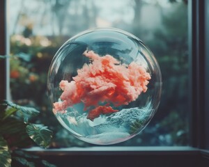 Aufkleber - Ethereal Climate Metaphor Delicate Glass Sphere with Coral Cloud Ecosystem, Surreal Environmental Design for Mindful Digital Storytelling