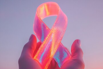 Poster - Holographic Hope Luminescent Awareness Ribbon in Soft Purple - Empowering Community Support for Health Initiatives with Innovative Gen Z Aesthetic