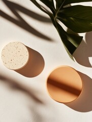 Poster - Minimalist Wellness Aesthetic Organic Ceramic Cylinders with Botanical Shadow Play - Contemporary Mindfulness and Sustainable Design Branding