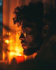 Poster - Cinematic Mood Lighting Contemplative Gen Z Creative in Warm Amber Tones - Atmospheric Digital Portrait Exploring Emotional Depth and Modern Introspection