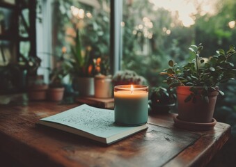 Aufkleber - Mindful Wellness Sanctuary Artisanal Green Candle and Vintage Journal in Soft Natural Light - Holistic Self-Care Aesthetic for Millennial Lifestyle Content