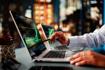 Poster - Stock Trader Woman Using Multiple Computers