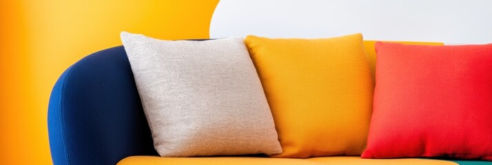Poster - Vibrant Color Block Interior Design Minimalist Modern Sofa with Textural Neutral Cushion - Contemporary Living Space Styling and Emotional Color Psychology