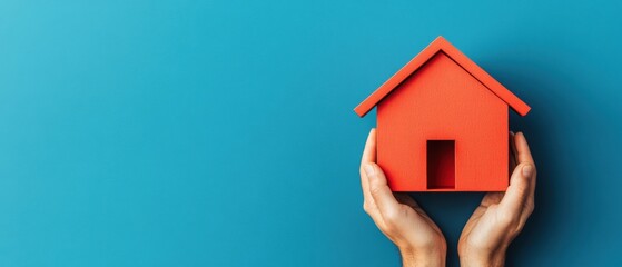 Poster - Minimalist Real Estate Investment Vision Vibrant Red House Model in Nurturing Hands - Empowering Homeownership Dreams and Financial Strategy for Modern Investors