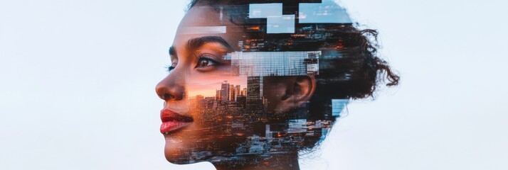 Poster - Digital Metamorphosis AI-Powered Professional Growth Visualization with Urban Cityscape Double Exposure - Transformative Career Development Technology