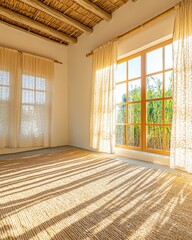 Aufkleber - Golden Hour Sanctuary Minimalist Natural Light Interior with Textural Woven Ceiling and Soft Curtain Shadows - Biophilic Design Wellness Space