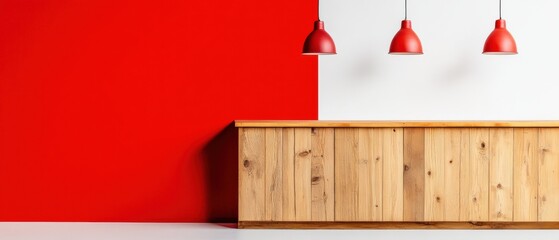 Poster - Minimalist Nordic Design Vibrant Red Wall Meets Warm Wooden Cabinetry - Contemporary Workspace Aesthetic with Industrial Pendant Lighting Inspiration